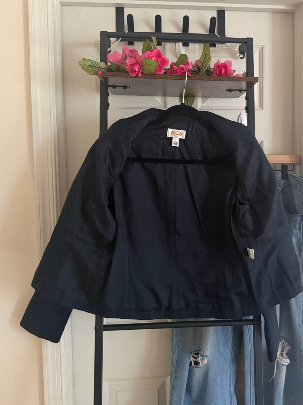 Talbots Navy Blue Cropped Structured Blazer with Burgundy Buttons - Picture 14 of 16